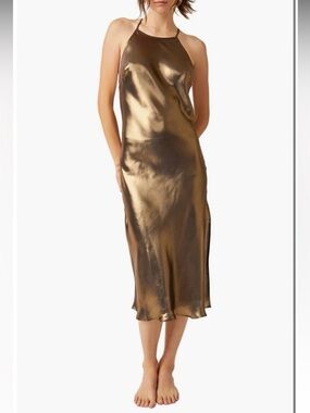 Free People Metallic Bronze Halter Slip Maxi Dress